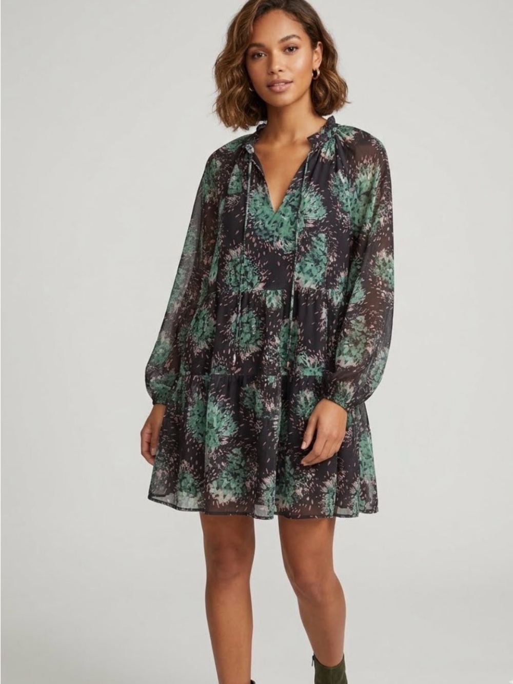 entro Black Sheer Floral Tie-Neck Long Sleeve Mini Dress with Green Print PTP 22